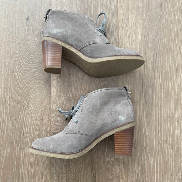 Coach Boots Women 9.5 B Ankle Booties Nikol Tan Beige Suede Heels Turnlock - Picture 6 of 13